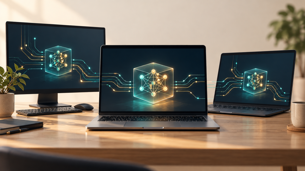 Three computers displaying an on-device AI illustration for LLM Anywhere